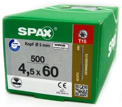 Шуруп (саморез) 4,5х60  (оцинкованные с покрытием WIROX, малая цилиндрическая головка, фиксирующая резьба.T-STAR plus, бита T25 ,4CUT) 500 штук
